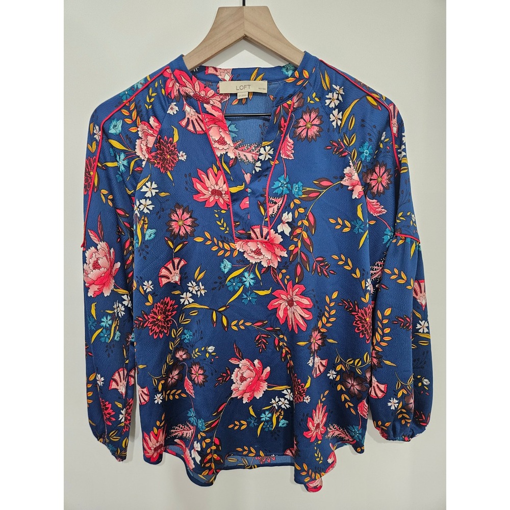 LOFT Petites Blue Floral Split Neck Blouse Top MP 458781 Boho Long Sleeve